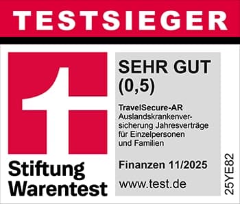 Stiftung Warentest Testsieger Sehr Gut (0,5) -TravelSecure-AR Auslandskrankenversicherung Jahresverträge für Einzelpersonen und Familien, Finanzen 11/2025