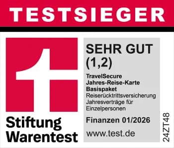 Stiftung Warentest Testsieger Sehr Gut (1,2) -TravelSecure Jahres-Reise-Karte Basispaket, Reiserücktritt Jahresvertrag für Einzelpersonen, Finanzen 01/2026