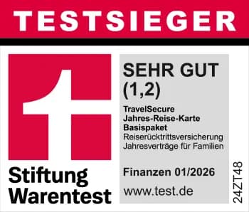 Stiftung Warentest Testsieger Sehr Gut (1,2) -TravelSecure Jahres-Reise-Karte Basispaket, Reiserücktritt Jahresvertrag für Familien, Finanzen 01/2026