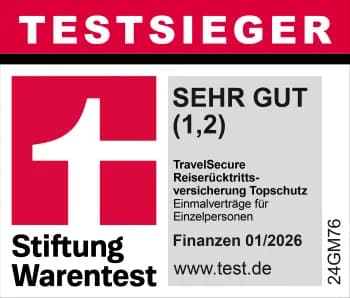 Stiftung Warentest Testsieger Sehr Gut (1,2) -TravelSecure Reiserücktrittsversicherung Topschutz, Einmalverträge für Einzelpersonen, Finanzen 01/2026